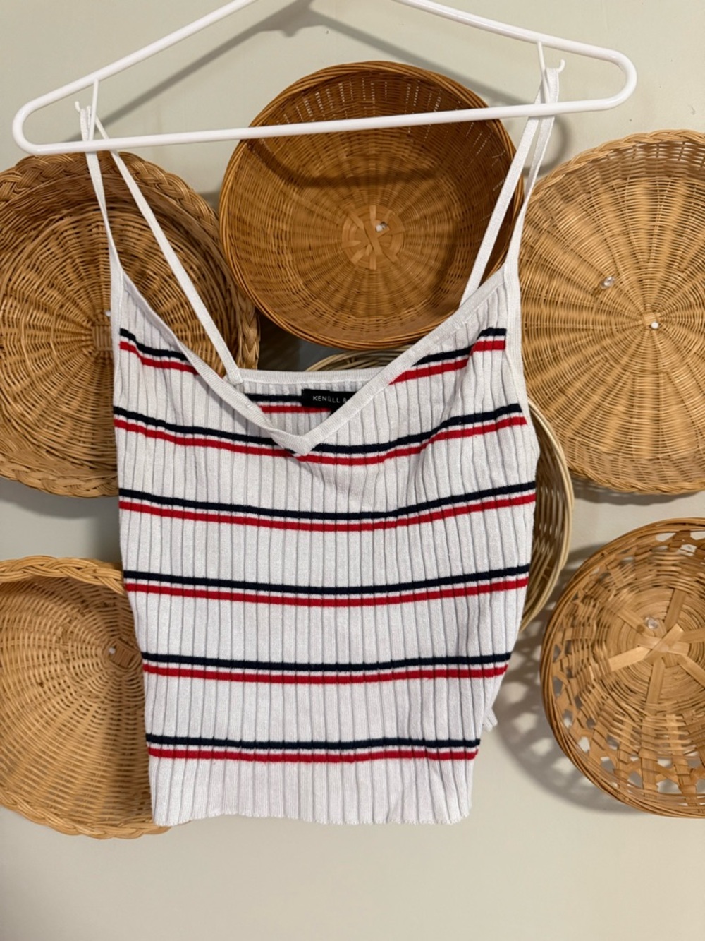 Kendall & Kylie White Ribbed Tank with Red and Navy Stripes